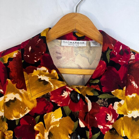 Sag Harbor Bright Maximal Floral Print Button Front Blouse Boho Garden Size MD - Picture 3 of 7